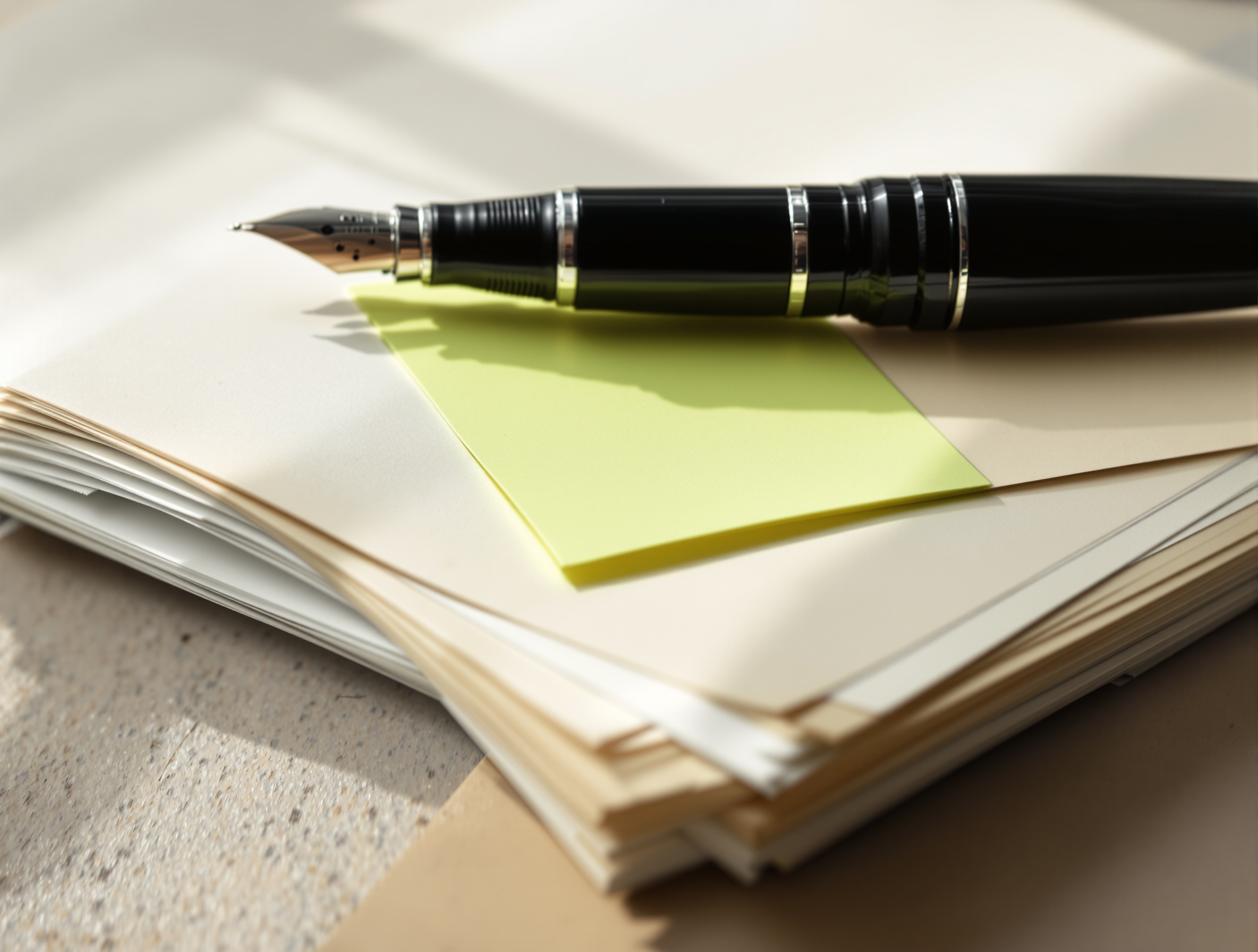 Fountain pen and sticky note on paper, symbolizing detailed analysis