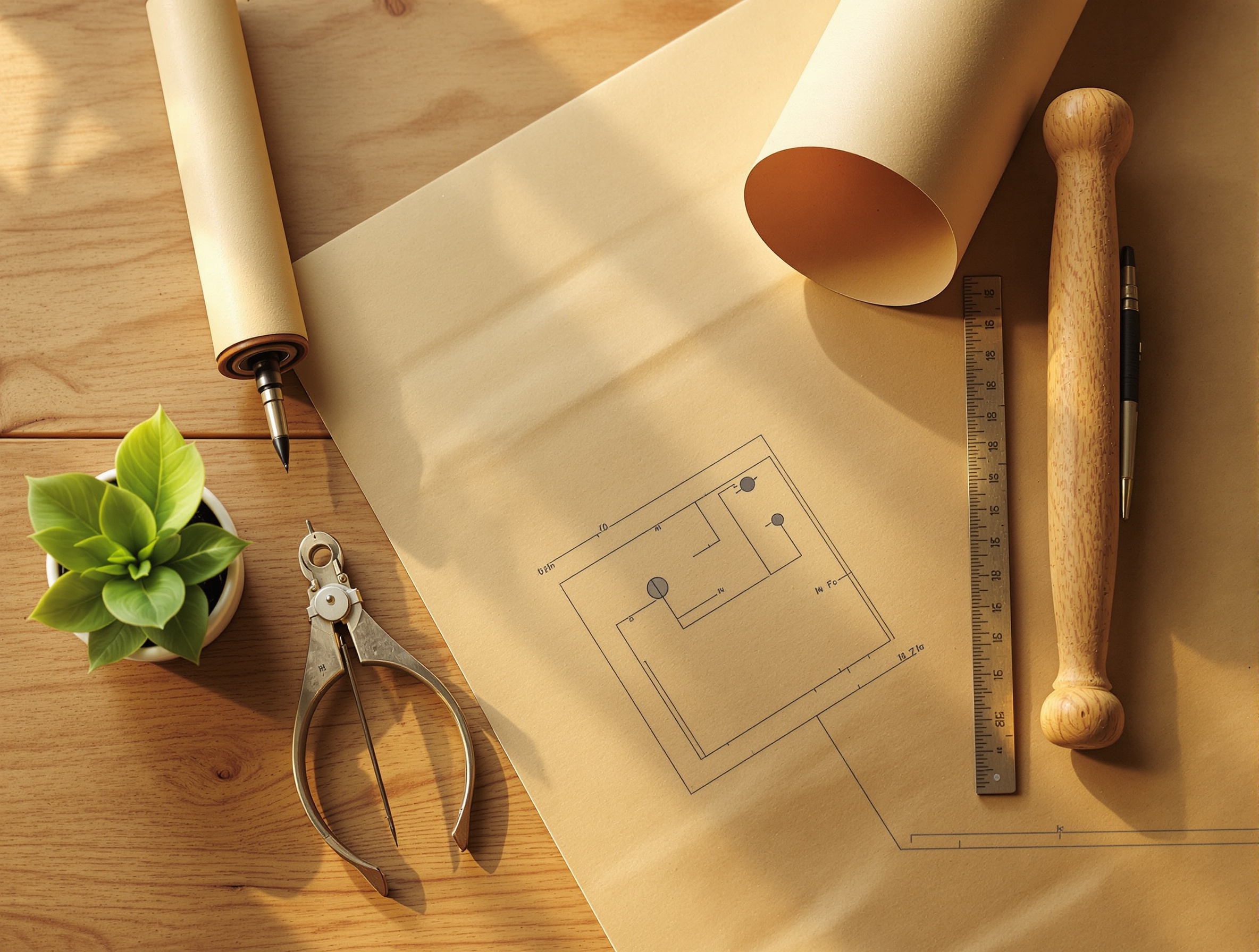 Desk with drafting tools and blueprint, symbolizing strategic planning.