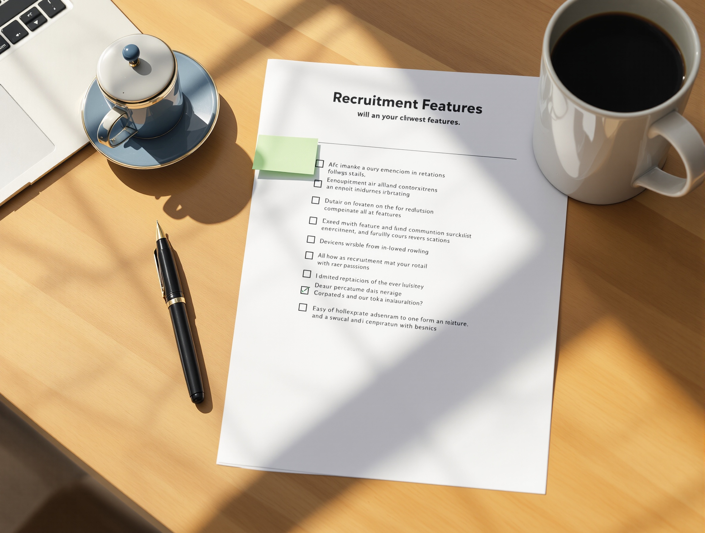 Recruitment software features checklist on a desk