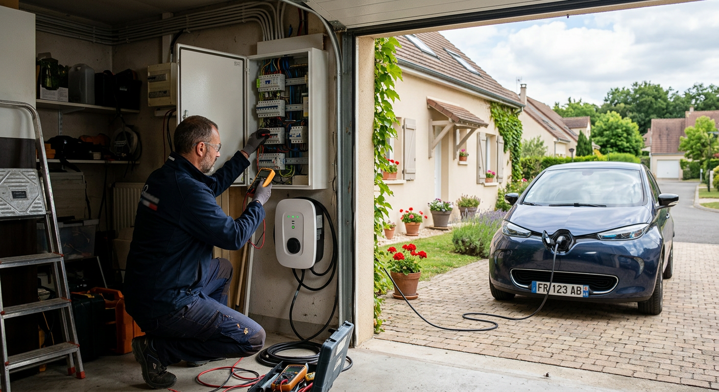 Installation d'une borne de recharge électrique IRVE à domicile avec un installateur certifié vérifiant le tableau électrique en zone résidentielle calme