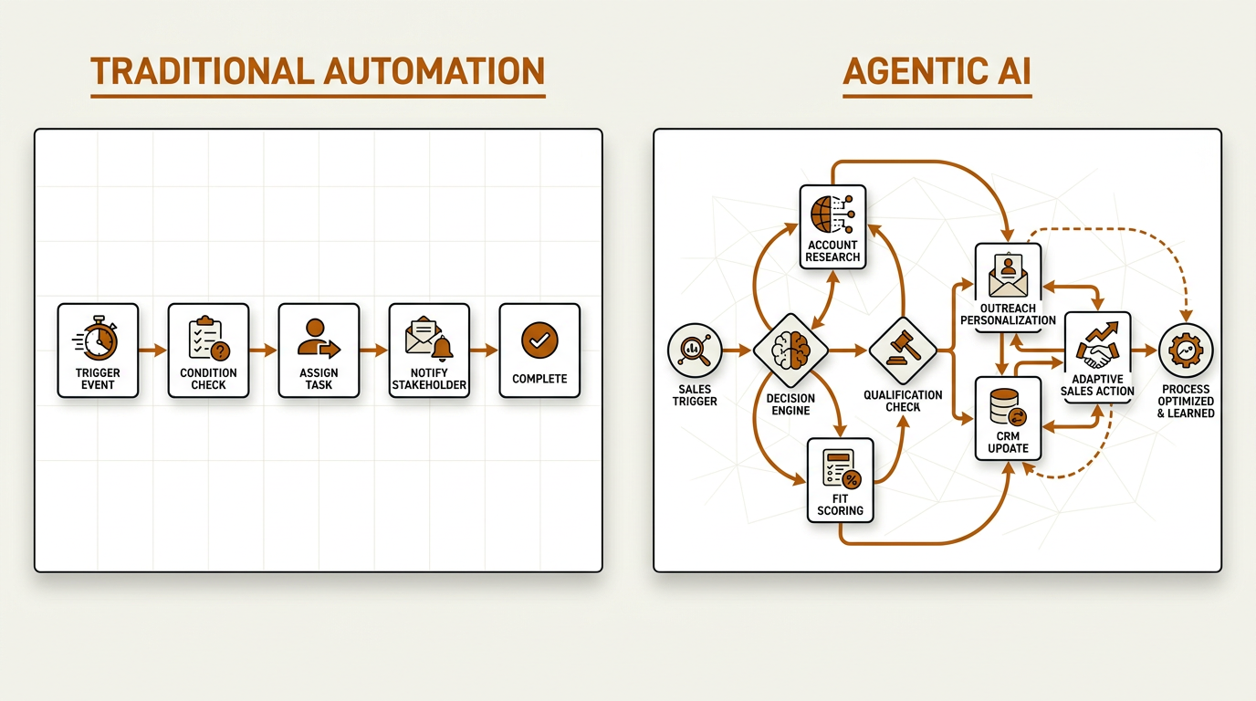 Flowchart comparing traditional automation pipeline vs agentic AI workflow for sales