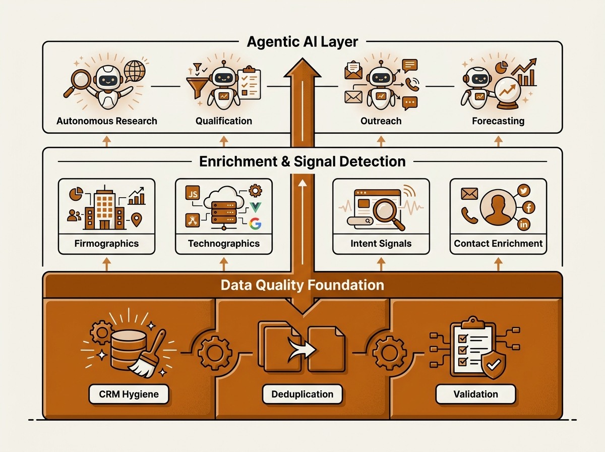 Three-layer agentic AI architecture infographic showing data quality, enrichment, and AI agent functions