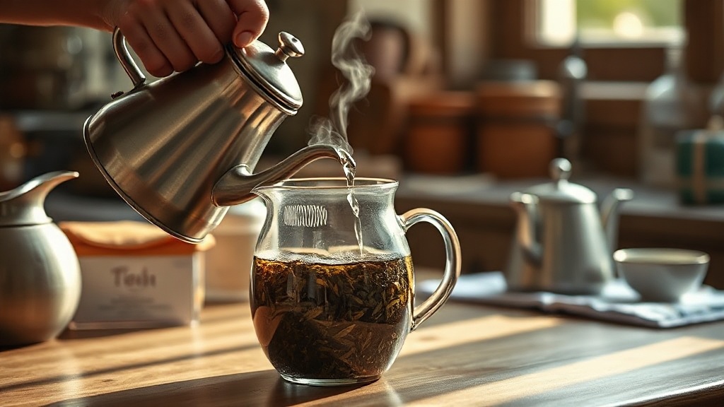 Mains versant de l'eau chaude dans une théière en verre contenant des plantes pour infusion du soir