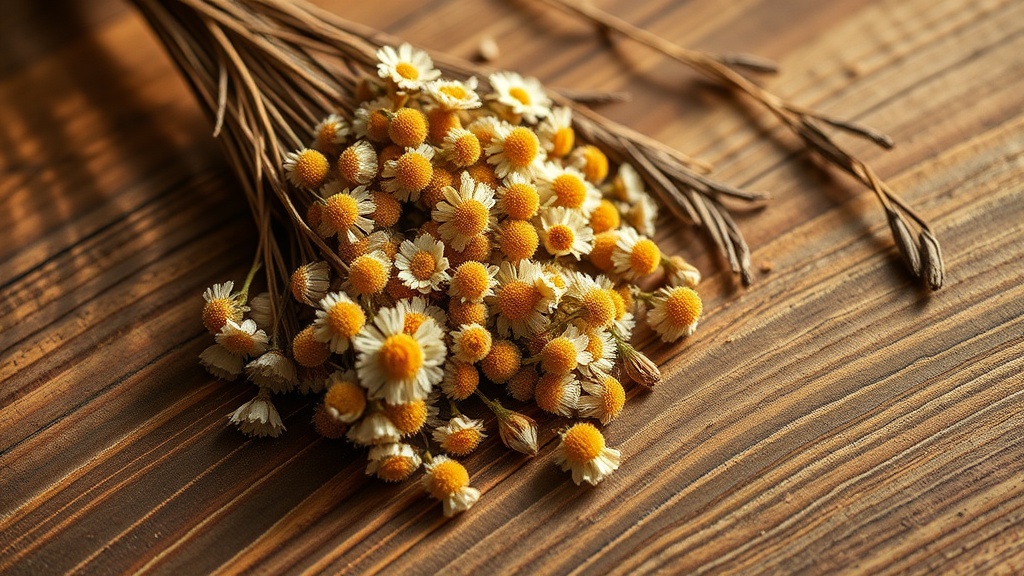 Fleurs séchées de camomille, tilleul et rooibos en vrac sur une surface en bois rustique
