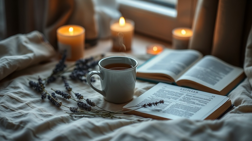 Tasse de tisane fumante sur une table de chevet avec bougie et lavande séchée pour une nuit apaisante