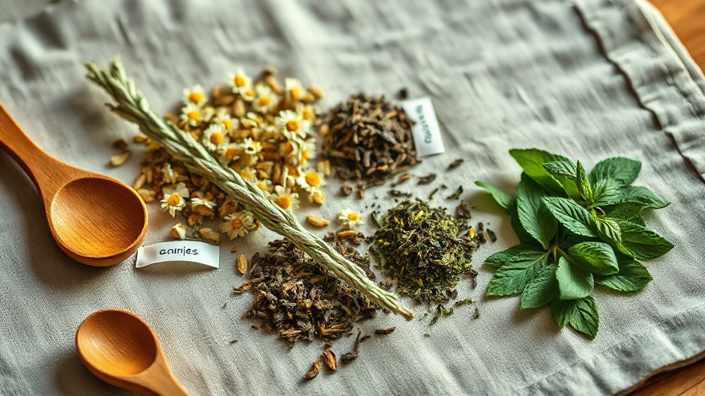 Différentes herbes et thés en vrac disposés sur un tissu en lin : camomille, rooibos, menthe, thé vert