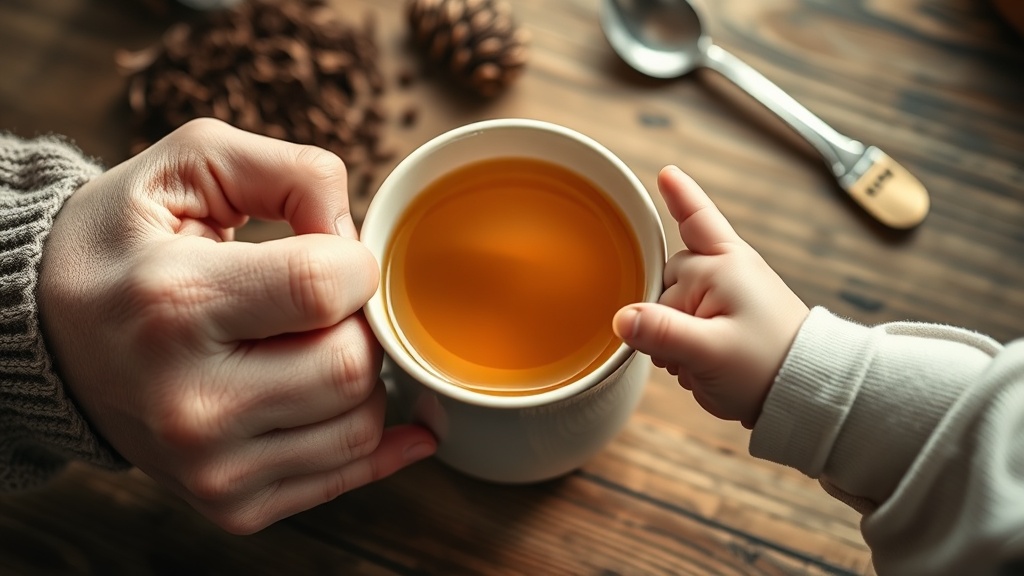 Maman tenant une tasse de tisane chaude pendant l'allaitement, main de bébé visible