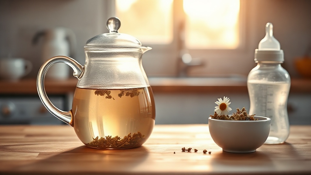Théière en verre avec infusion dorée sur un plan de travail en bois, à côté d'un biberon