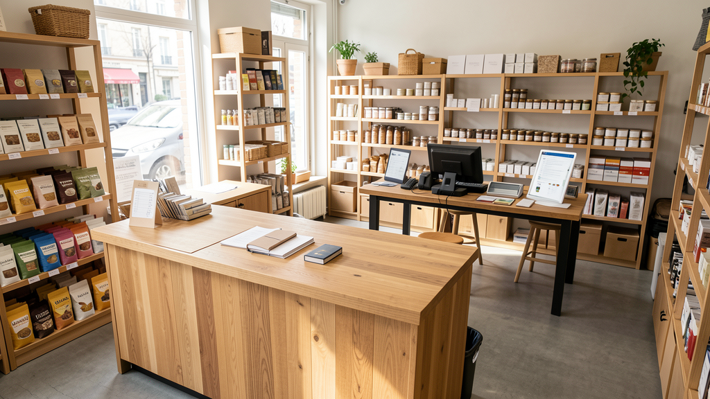 Boutique indépendante moderne avec comptoir en bois et table de préparation de commandes web