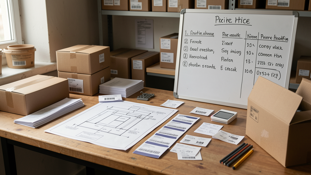 Arrière-boutique avec plan de point de vente, fiches produits et tableau de priorisation