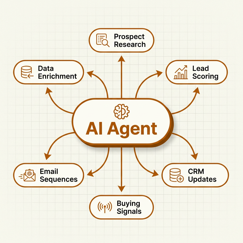AI agent mindmap diagram showing six B2B sales automation workflows
