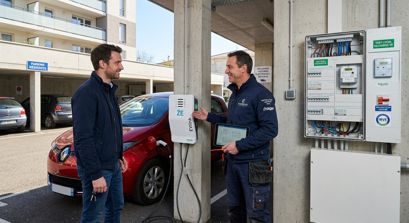 Locataire discutant avec un installateur certifié IRVE près d'une borne de recharge électrique dans un parking résidentiel