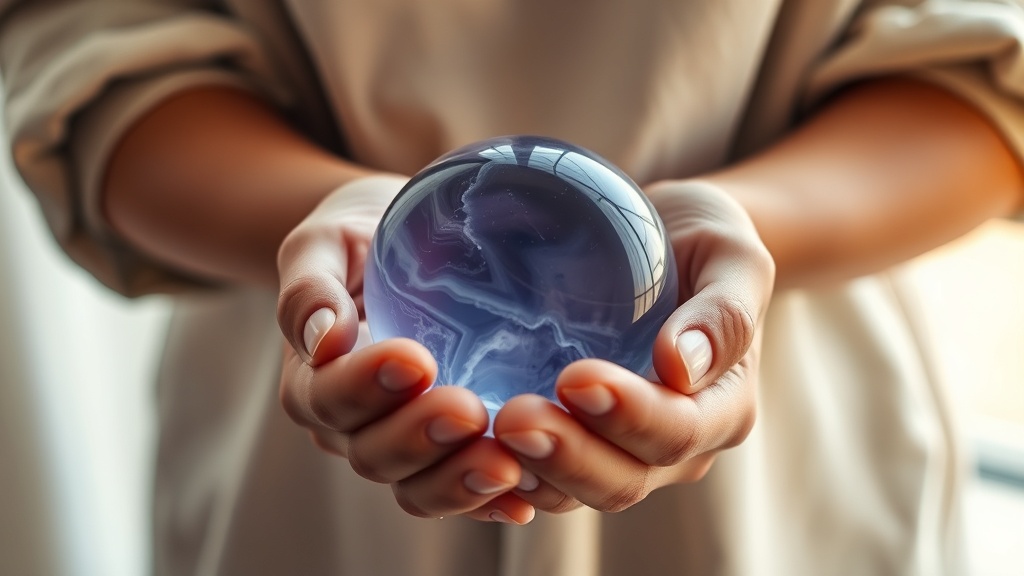 Two hands cupping a smooth polished fluorite sphere in blue-purple tones in warm natural light