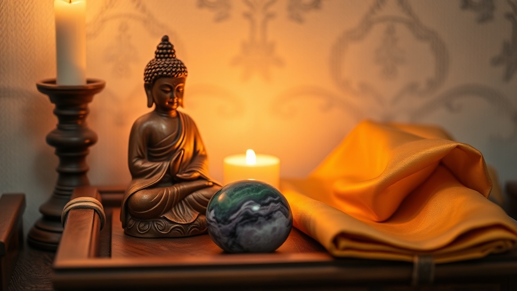 Small Tibetan altar corner with a carved wooden Buddha figurine and a banded fluorite tumbled stone on gold silk