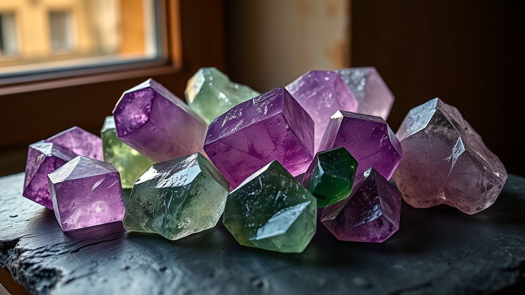 Raw fluorite octahedral crystals in purple and green tones on a slate surface, lit by warm side light