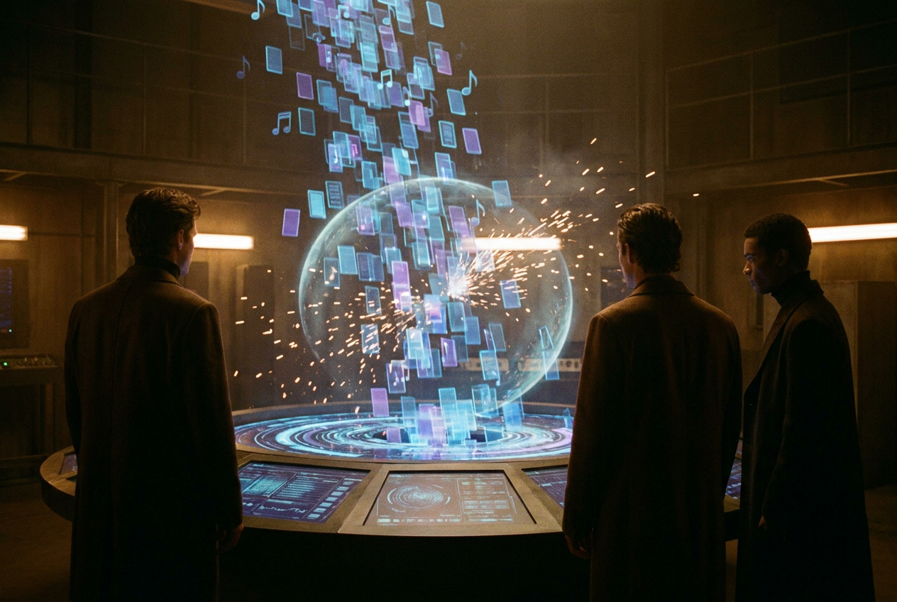 alt text: A tsunami of glowing digital music files flooding a streaming platform interface, with a small shield icon blocking some of the wave