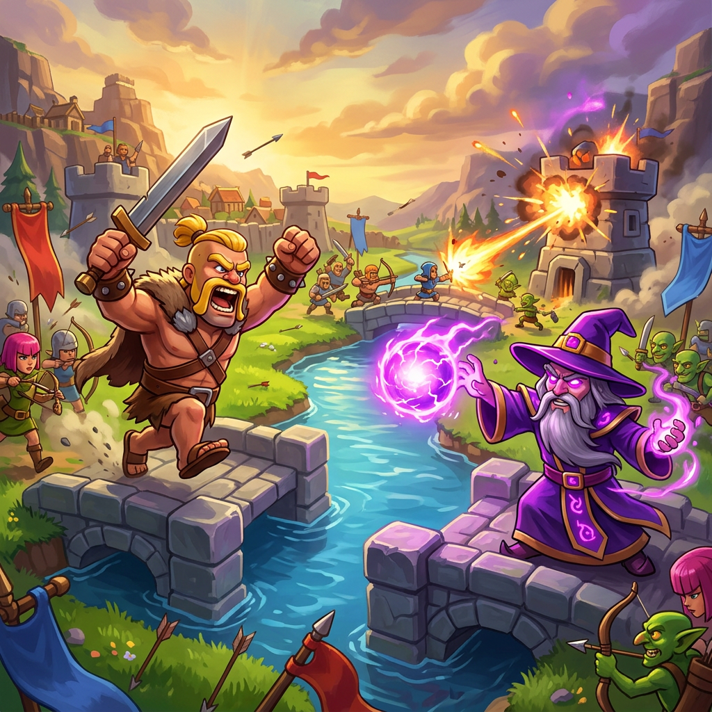 Image: Epic mobile-game main-menu key art splash illustra