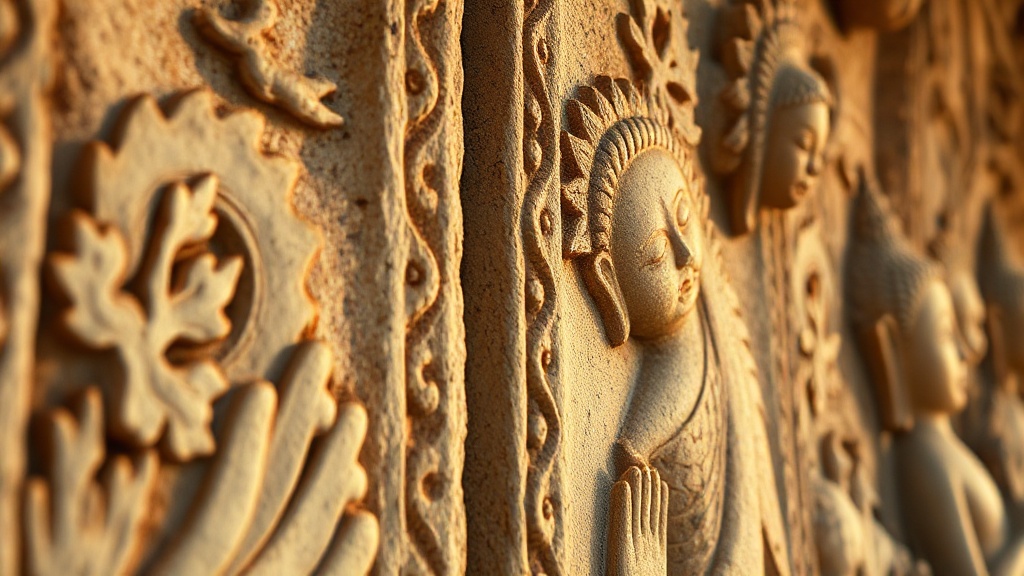 Détail d'un bas-relief de grotte de Yungang représentant des apsaras en vol et des entrelacs floraux, grès ocre
