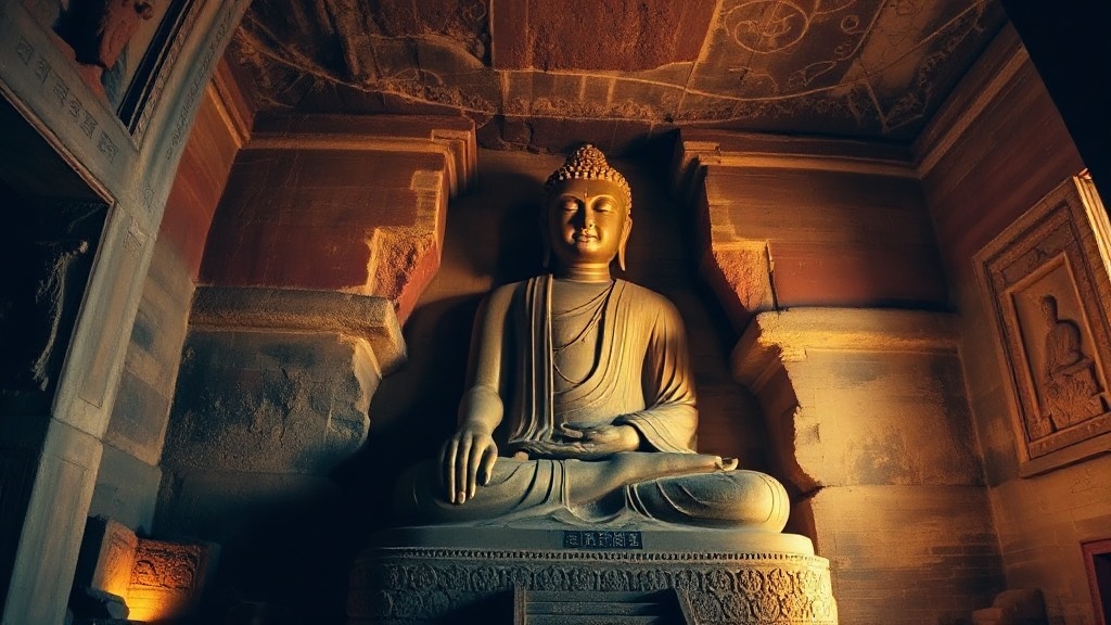 Grand Bouddha assis sculpté dans le grès à l'intérieur d'une grotte de Yungang, traces de polychromie visible sur la pierre