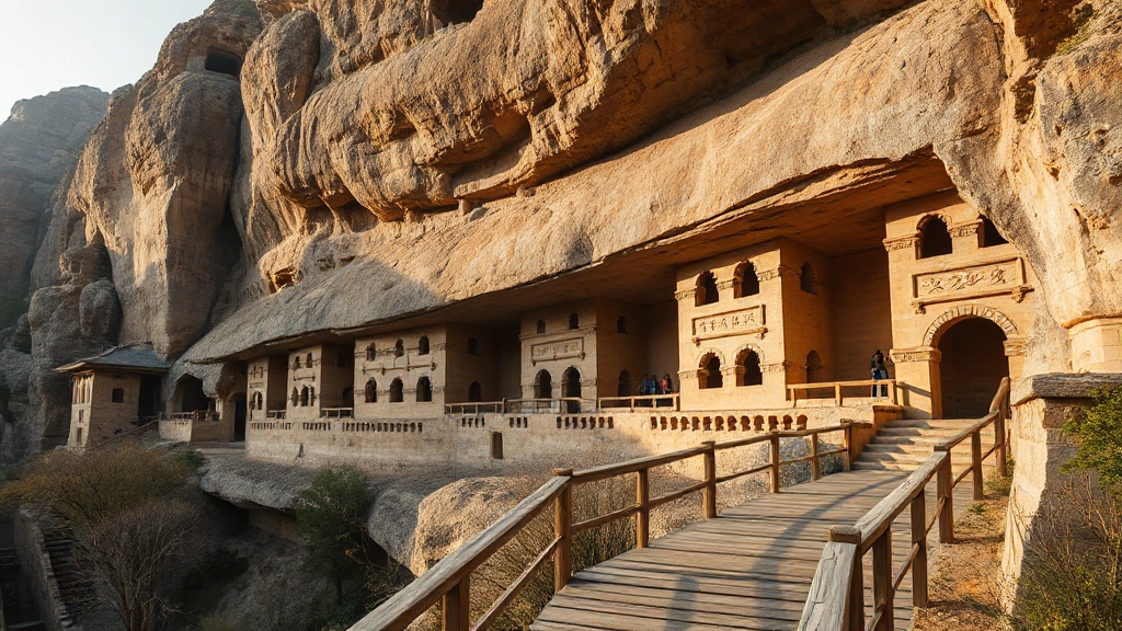 Falaise de grès des grottes de Yungang avec façades sculptées et galeries en bois, province du Shanxi, Chine