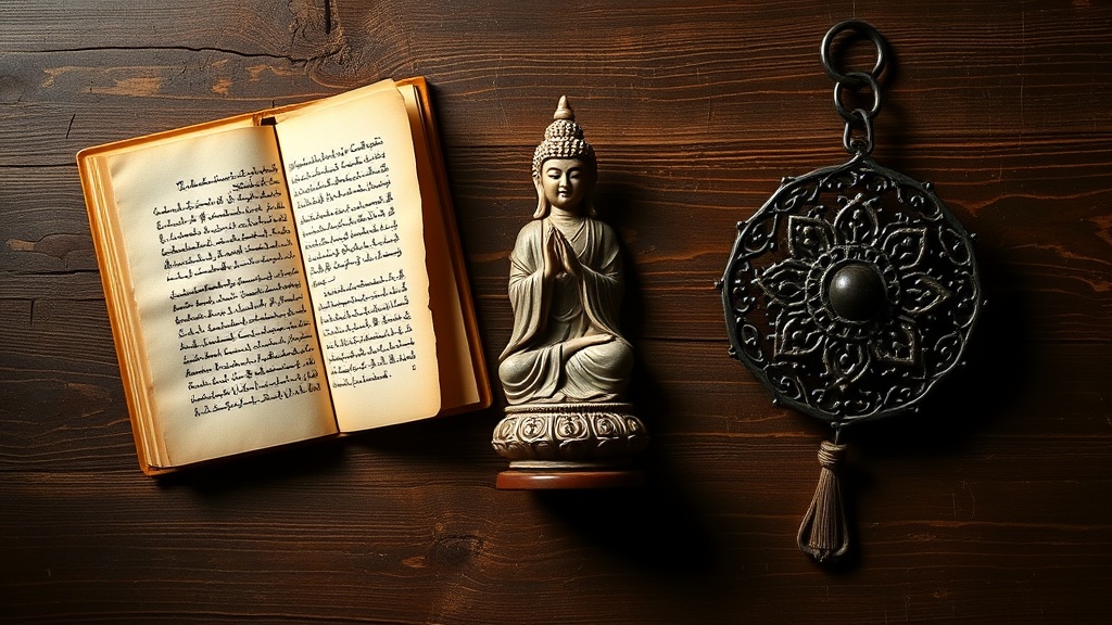 Représentation des trois courants bouddhistes : Théravâda, Mahâyâna et Vajrayâna à travers des objets traditionnels