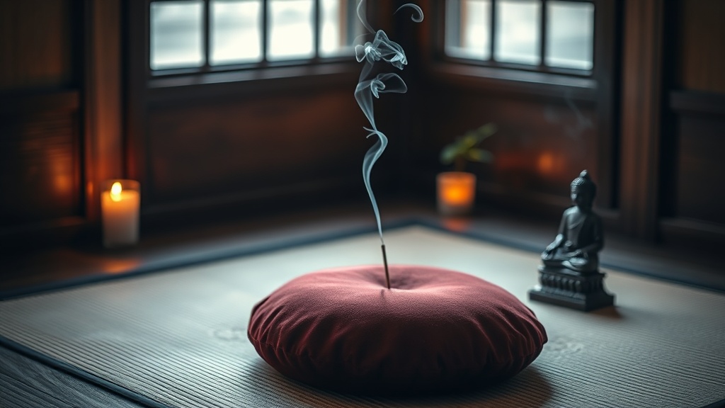 Coin de méditation avec coussin zafu bordeaux, statue de Bouddha en bronze et encens allumé