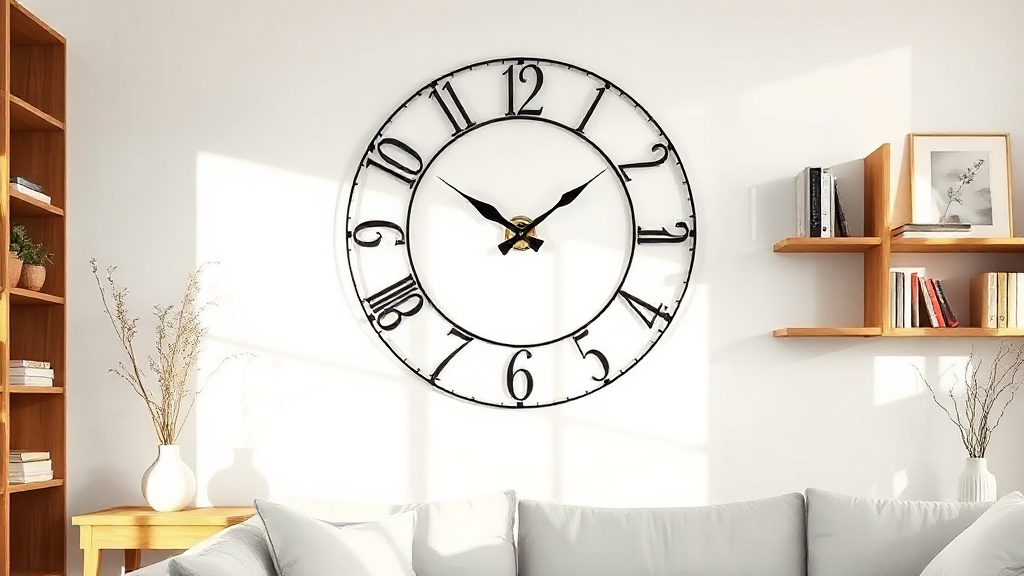 Large designer metal wall clock in a minimalist living room with warm oak furniture and afternoon natural light