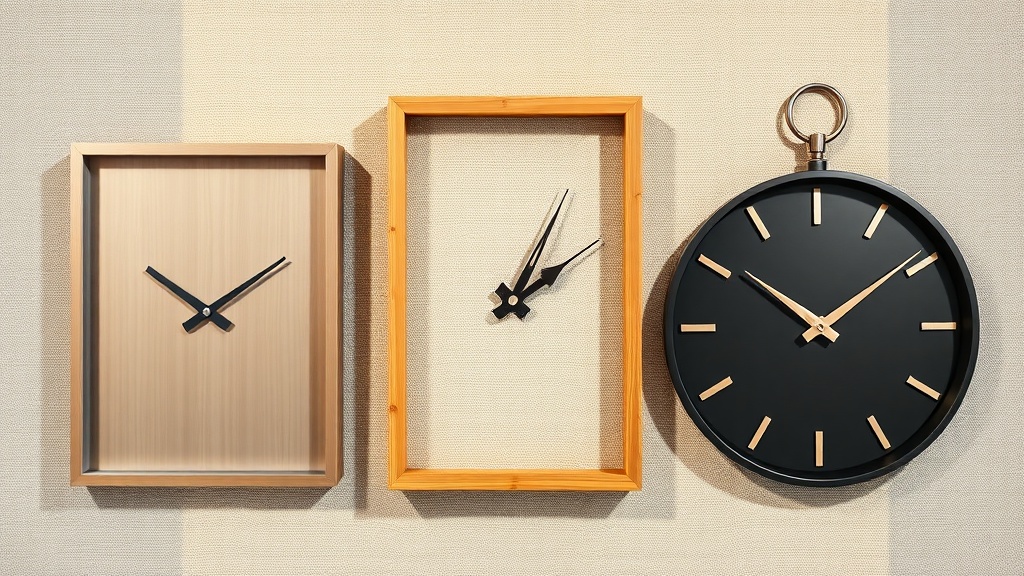 Three wall clock frames showing brushed metal, natural bamboo, and matte black powder-coated finishes side by side