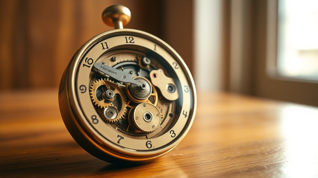 Close-up of a high-quality silent quartz clock movement with precision gears on a wooden surface
