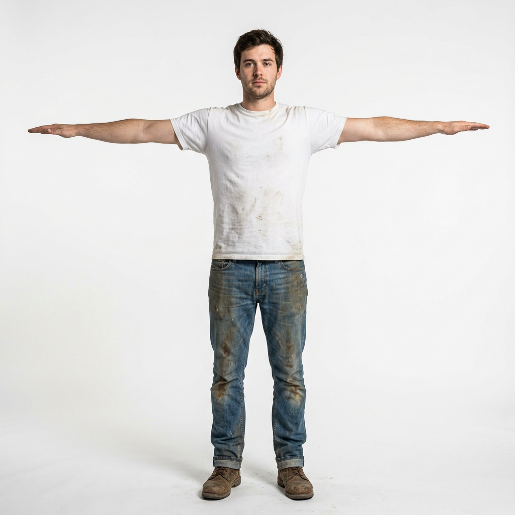 A man, dirty blue jeans, white