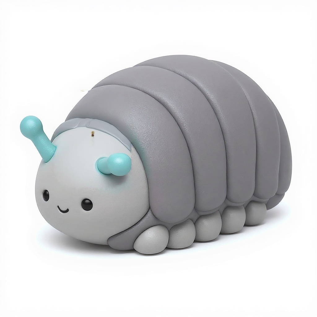 Dovedumpling — Dovedumpling is a cuddly dove-grey pillbug with coral antennae and a tiny gold crown—perfectly squishy for little hands.