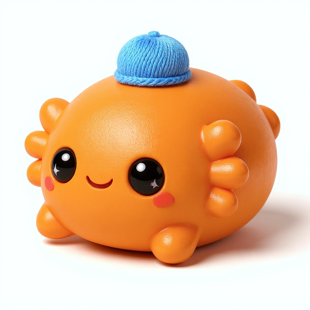 Tangelo — Tangelo is a tangerine-orange axolotl with magenta frills and an adorable tiny blue sailor hat—soft, squishy, and ready for cuddles.