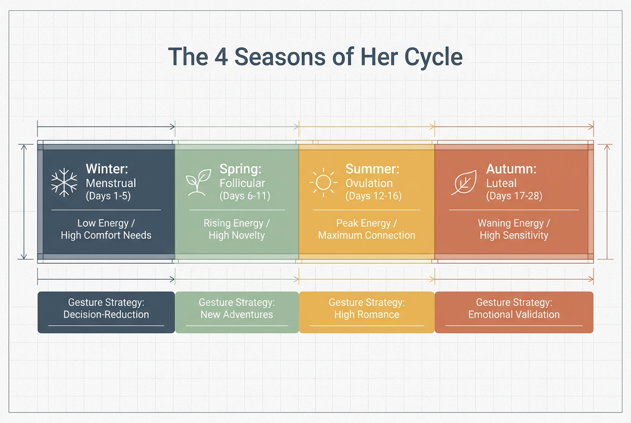 An infographic showing the four phases of the menstrual cycle - Winter, Spring, Summer, and Autumn - mapped to energy levels and romantic gesture strategies.