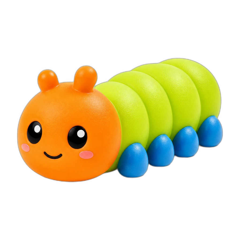 Zibby — Meet Zibby — a rounded squishy multi-colored caterpillar with heads with a a orange head.