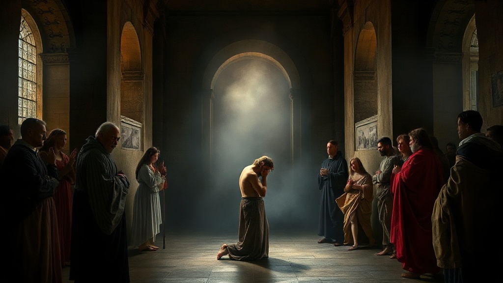 A contemplative religious allegorical scene reflecting loneliness, inner conflict, confession, and longing for grace