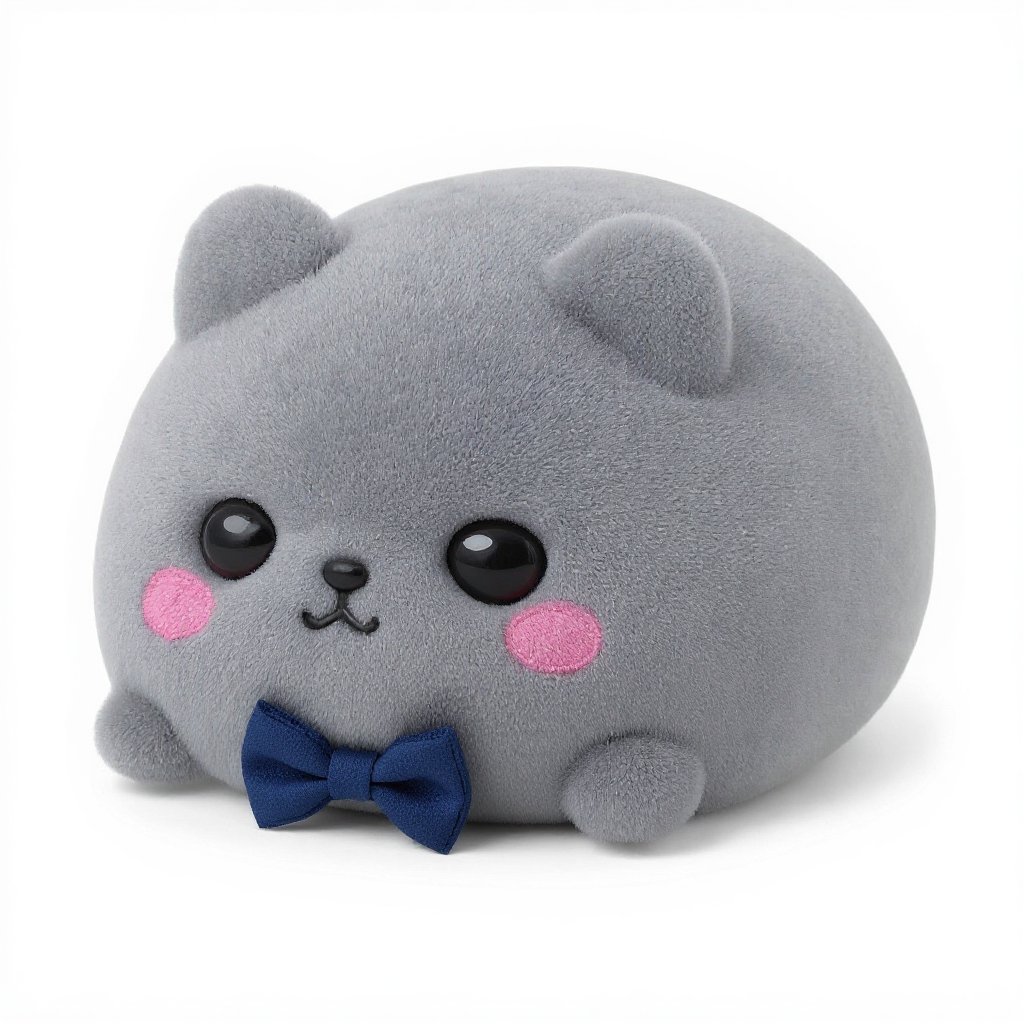 Smokey Mews — Smokey Mews is a soft grey ghost-kitten with rosy cheeks and a tiny navy bowtie—perfectly squishy and cuddly.