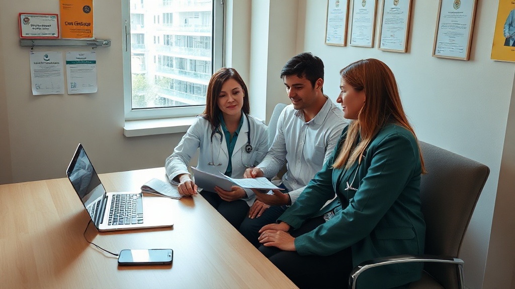 Médica brasileira revisando com consultor de marketing a migração de blog WordPress em um notebook no consultório.