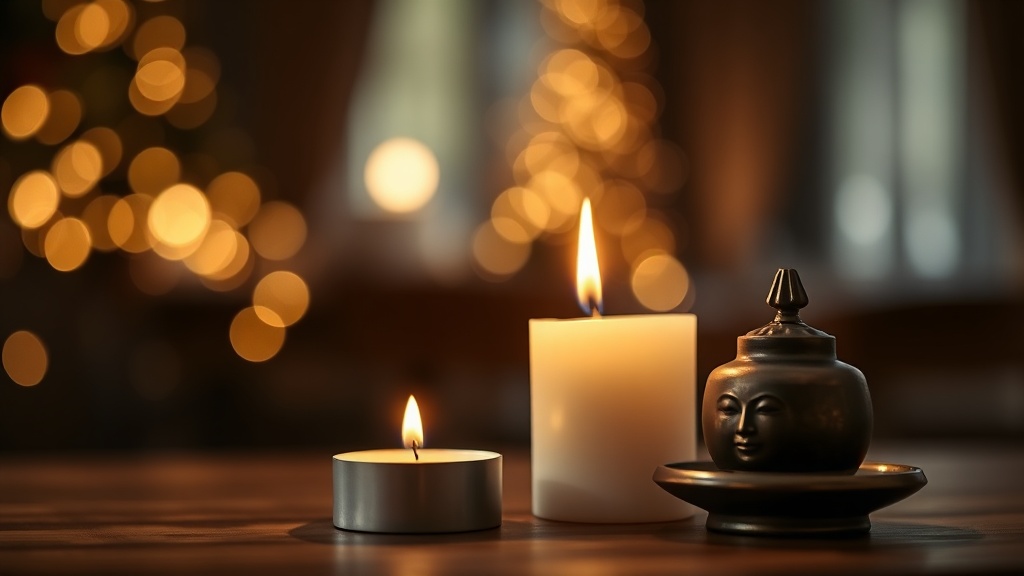 Cloche de méditation bouddhiste en bronze et bougie blanche sur bois naturel