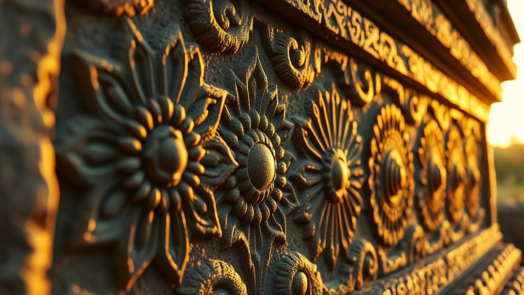 Relief sculpté bouddhiste représentant la roue du Dharma et des fleurs de lotus sur pierre ancienne