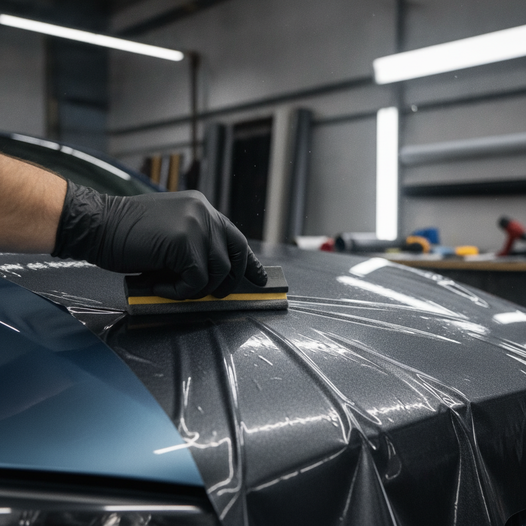 Professional vinyl wrap application on a car hood with squeegee in workshop