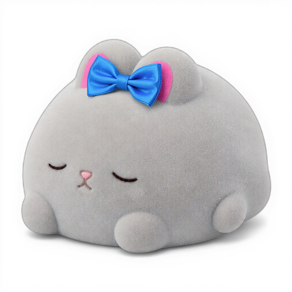 Foggy Floof — Foggy Floof is a cuddly grey bunny with bright pink ears and a sweet blue bow on top.