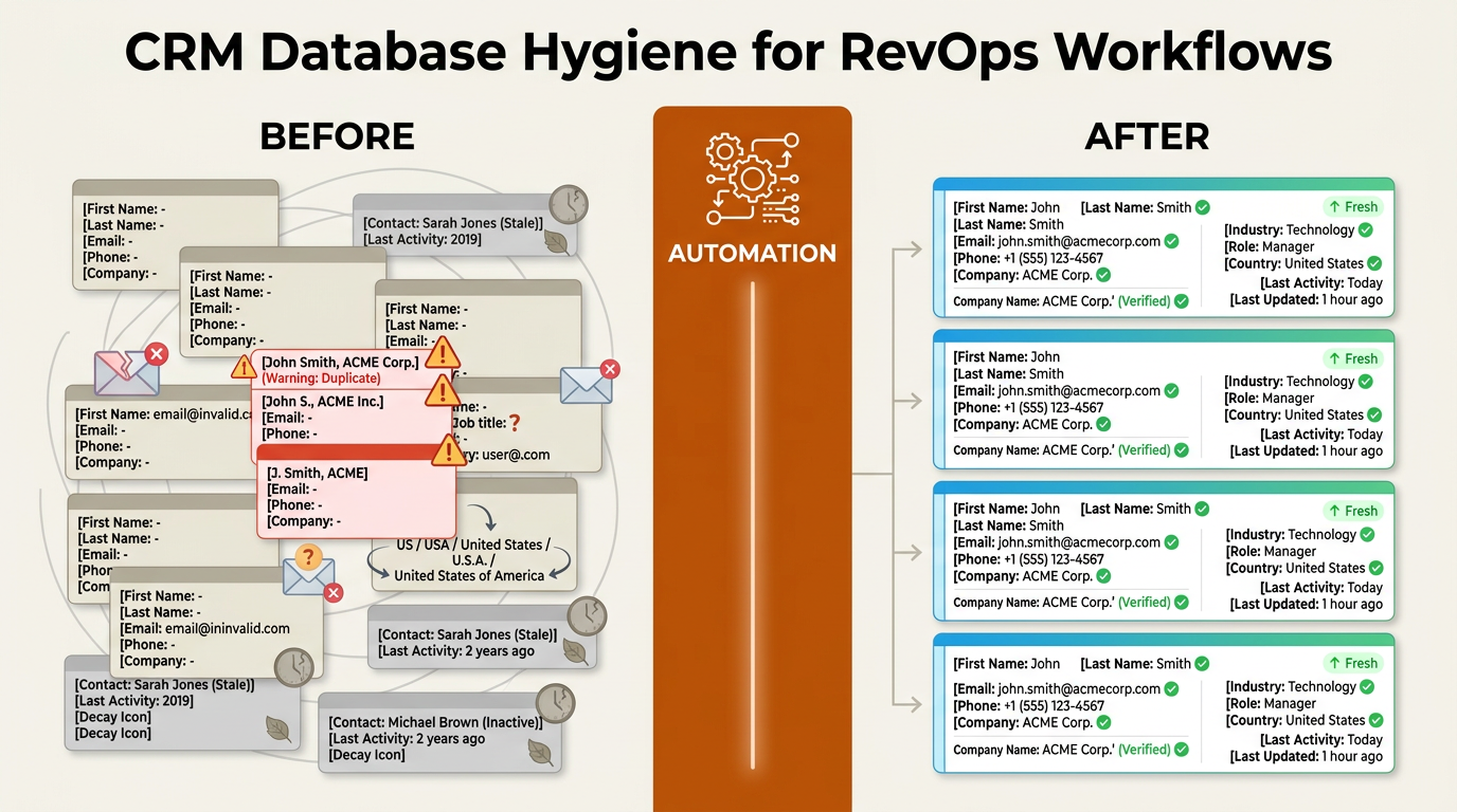 Before and after CRM hygiene automation comparison infographic for RevOps workflows