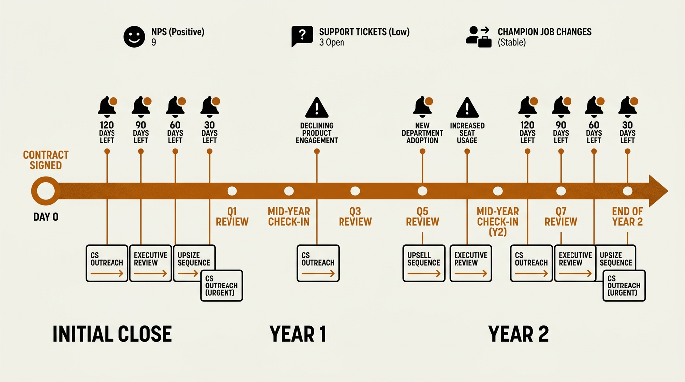 RevOps renewal and expansion alerting workflow timeline infographic