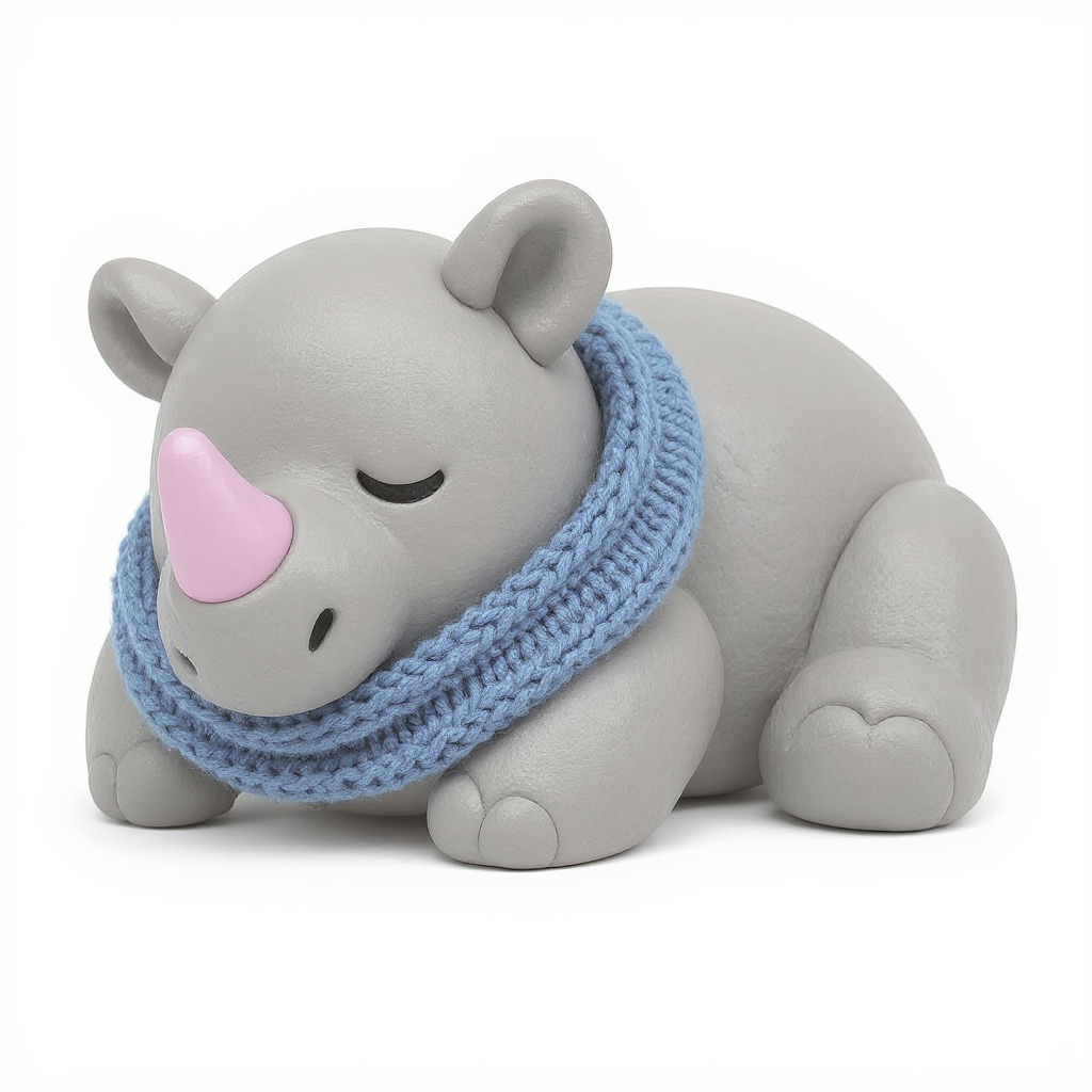 Pebblesnore — Pebblesnore is a huggably round grey rhino with a soft pink horn and a cozy blue knitted scarf.