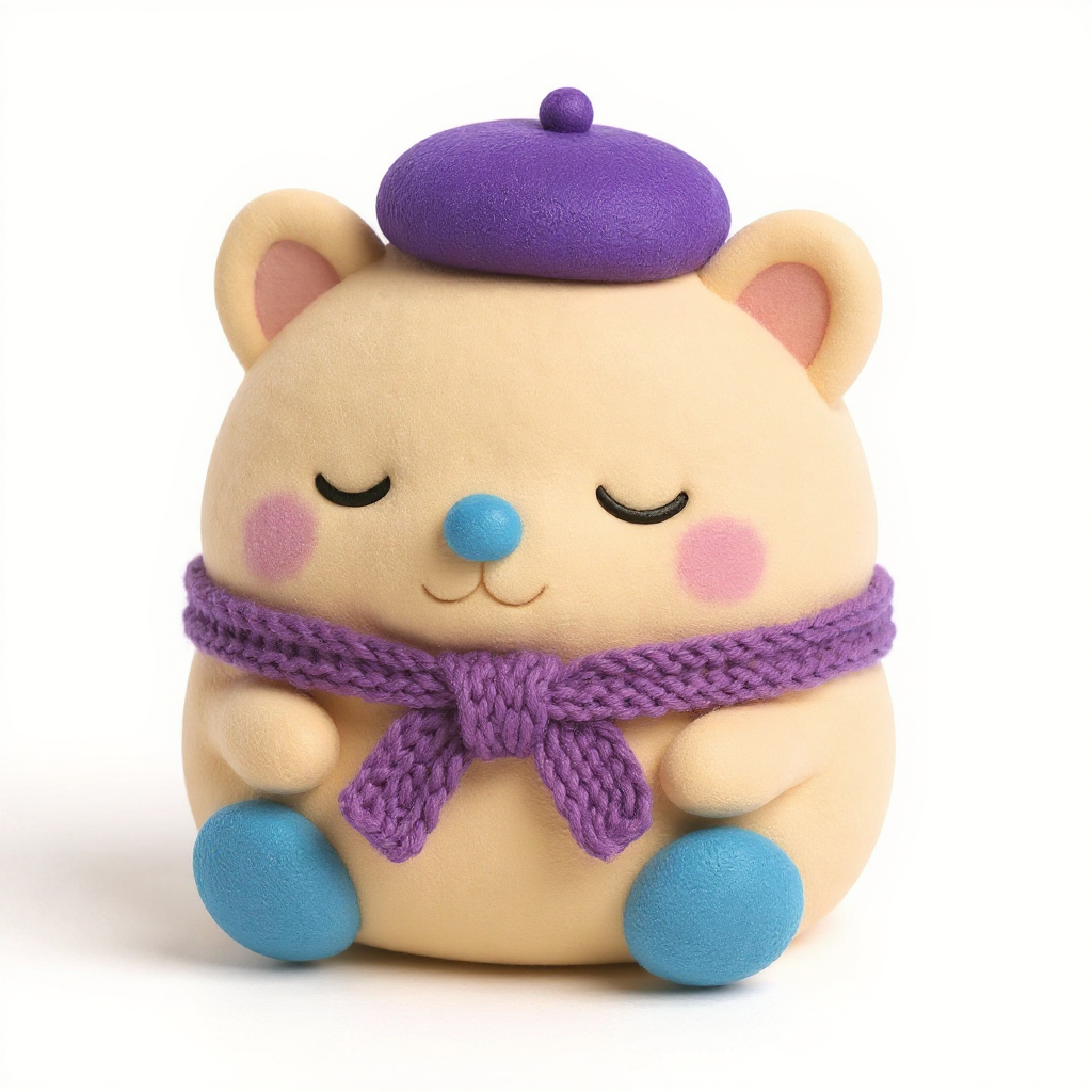 Beret Bun — Beret Bun is a squishy beige clay buddy with a bright blue nose and cozy knitted scarf.