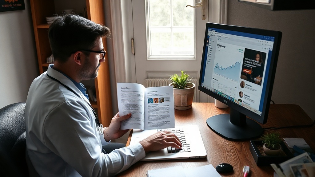 Profissional de consultório brasileiro revisando textos de blog no notebook e em folhas impressas sobre a mesa.