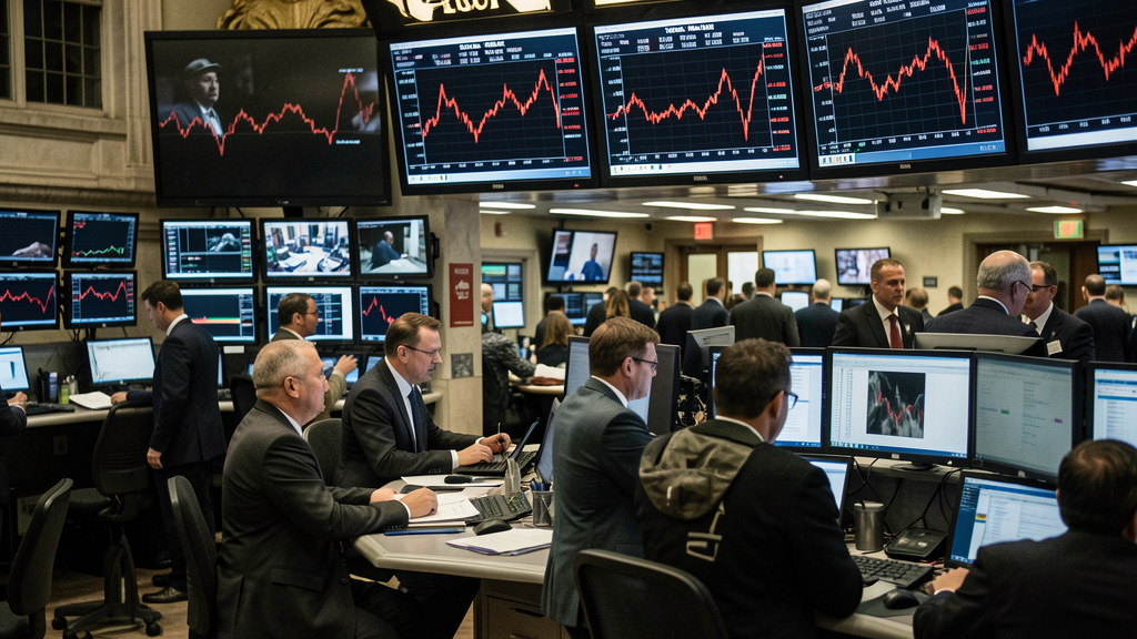 New York Stock Exchange trading floor with panic selling visible on screens, traders looking at monitors with red charts down, disaster-styl