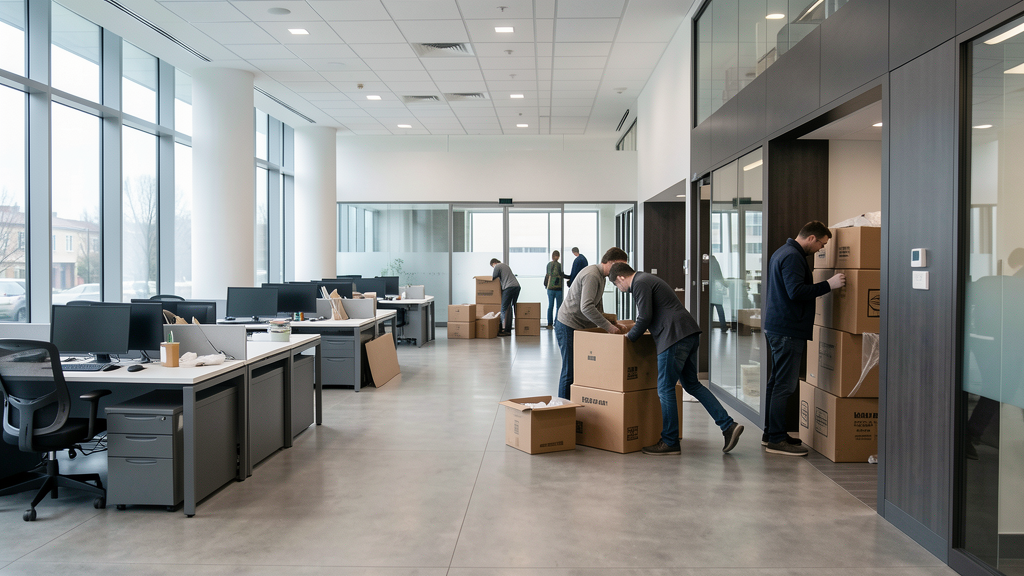 Modern office lobby with empty desks and boxes being packed by employees leaving, sorrowful corporate restructuring scene, realistic news ed