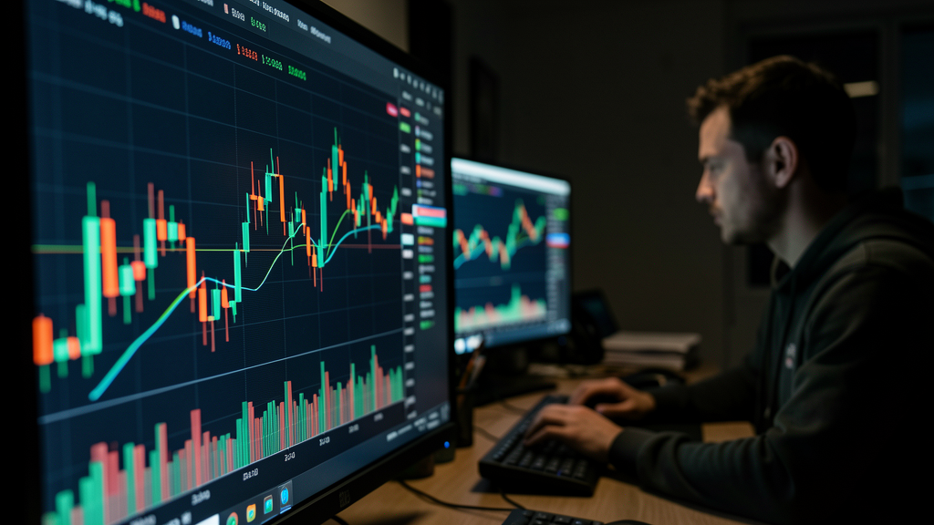 Close-up of a digital Bitcoin price chart on a monitor with candlesticks and glowing lines in a dim trading room, solo trader in background,