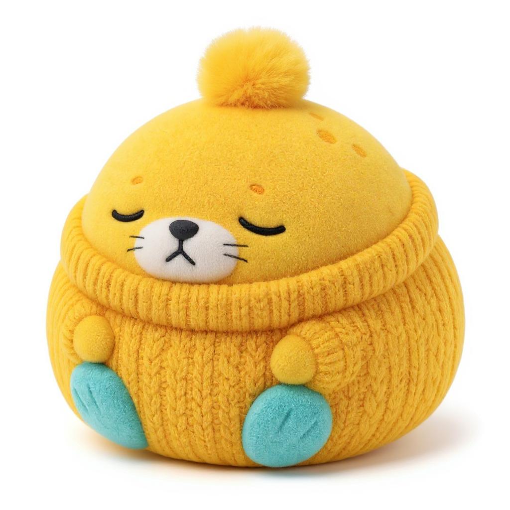 Goldie Naps — Goldie Naps is a cozy mustard-yellow squishy sweater pal, topped with a soft, fuzzy pom-pom for extra cuddles.